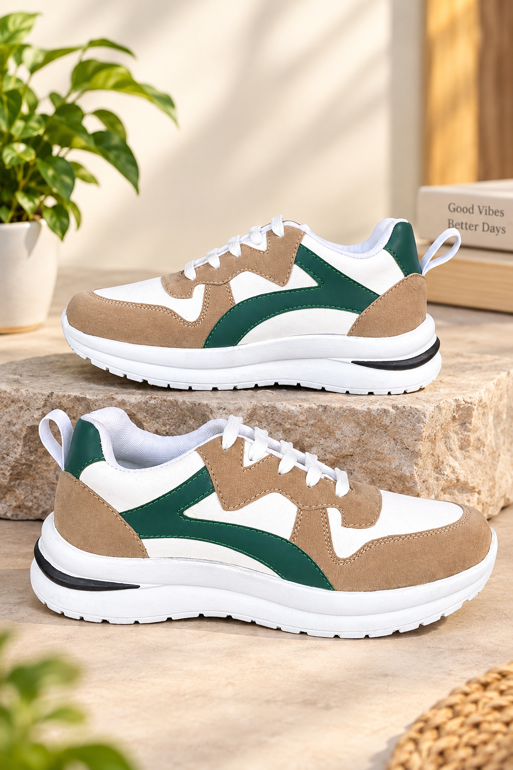 UrbanFit Classic Street Sneakers – White, Tan & Green
