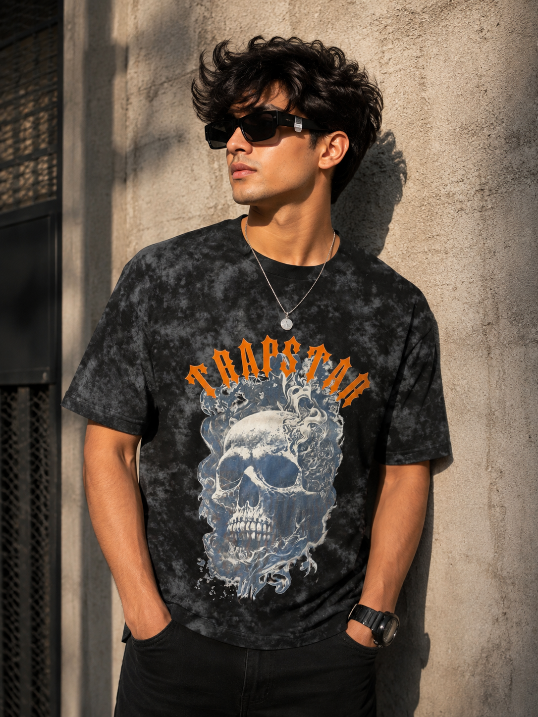 UrbanFit Men's White Acid Wash Skull Graphic Oversized T-Shirt – Premium Streetwear Tee