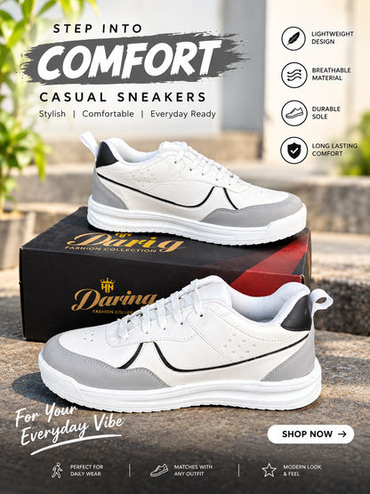 Men's White & Grey Premium Casual Sneakers