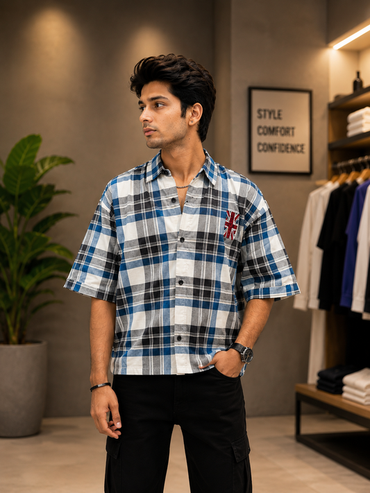 UrbanFit Men's Blue & White Checkered Oversized Shirt
