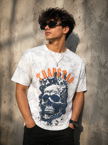 UrbanFit Men's White Acid Wash Skull Graphic Oversized T-Shirt – Premium Streetwear Tee